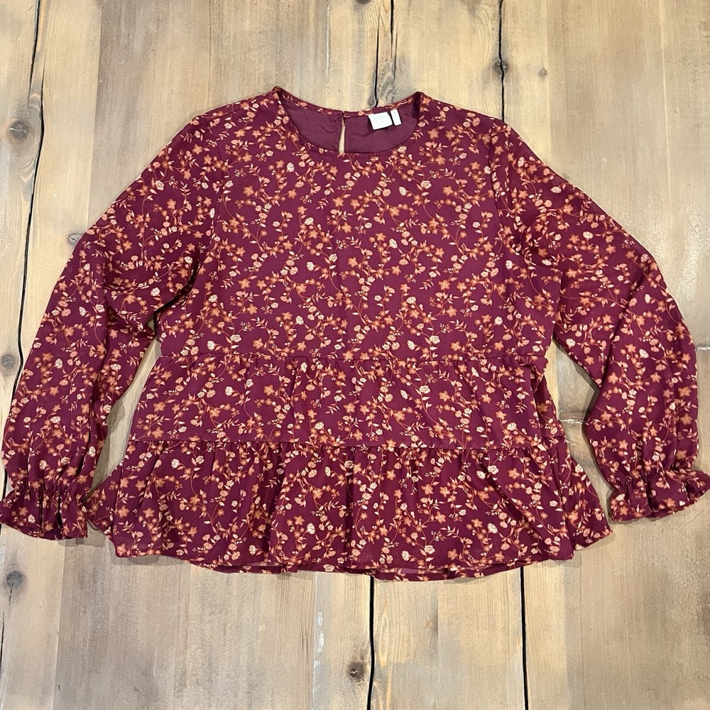 Paper Crane Maroon Floral Baby Doll Ruffle Cottage Core Flowy Blouse Top Large